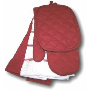 Sedona Kitchen Towels Red White Potholders Oven Mitt 5-Pc Cotton New Home Gift